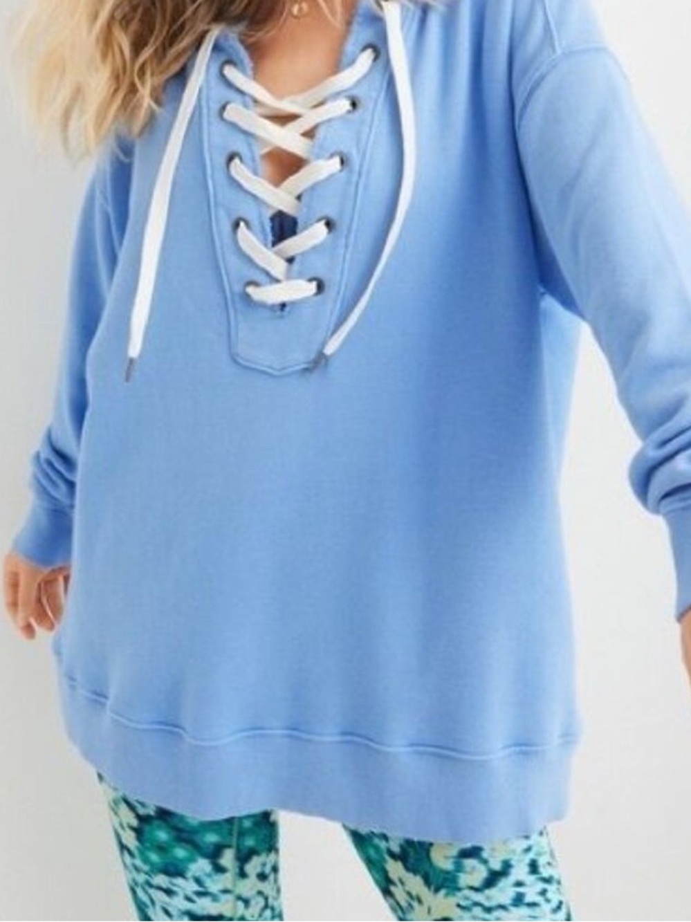Aerie Lace-Up Oversized Lace-up Front Blue Sweatshirt Women’s Size Small
